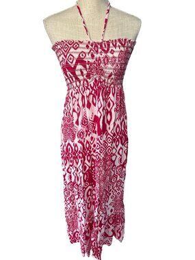 Rayia Red & White Boho Halter Maxi Dress W/Smocked Bodice & Ruffle Hem M